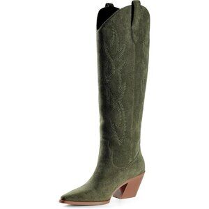Women Green Knee High Pointed Toe Block Heel Cowboy Western Embroidered Boots